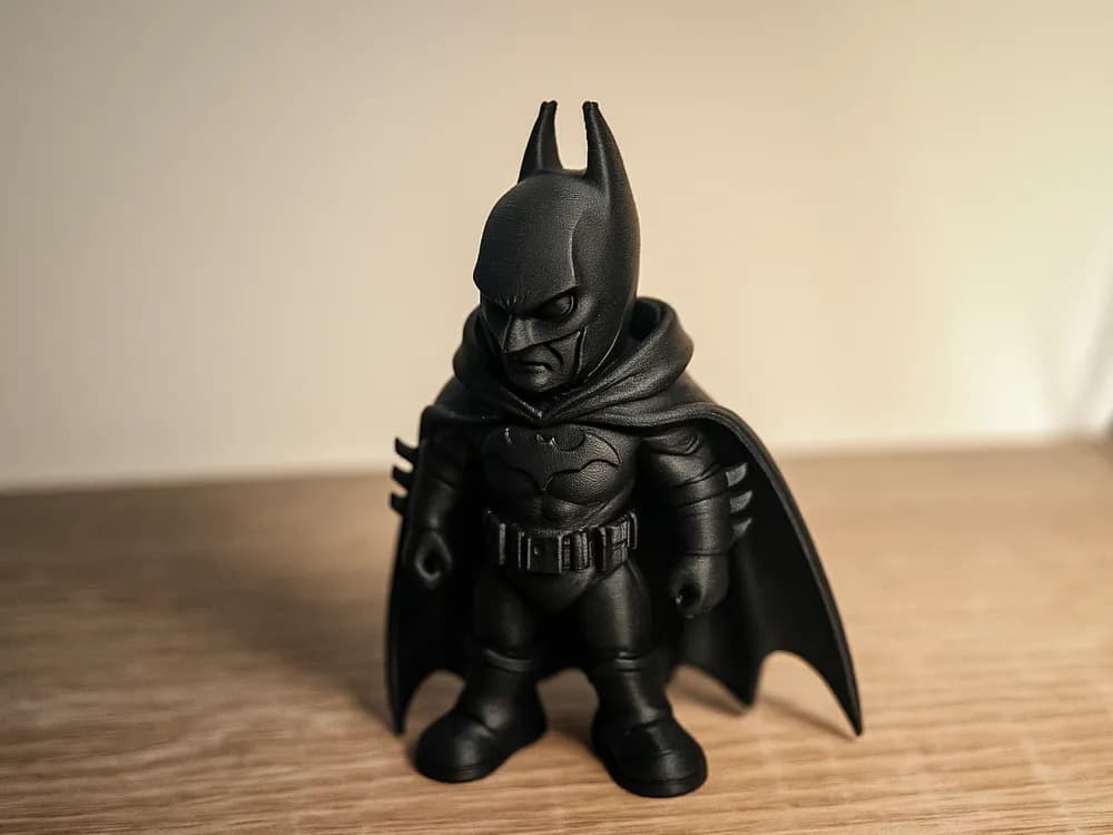 Small Dark Knight figure in matte black with a hooded cape