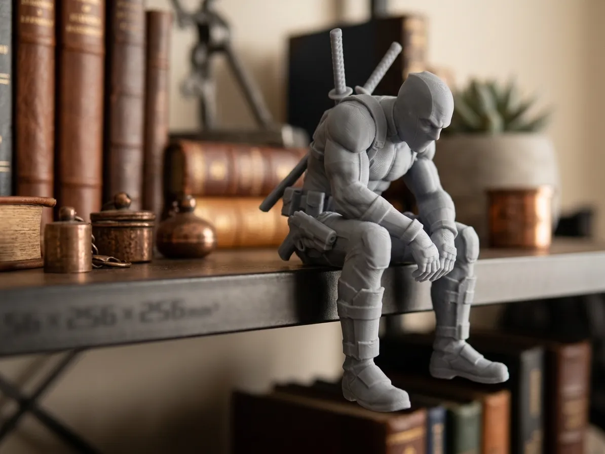 A masked figure slumped on the edge of a shelf in front of old books
