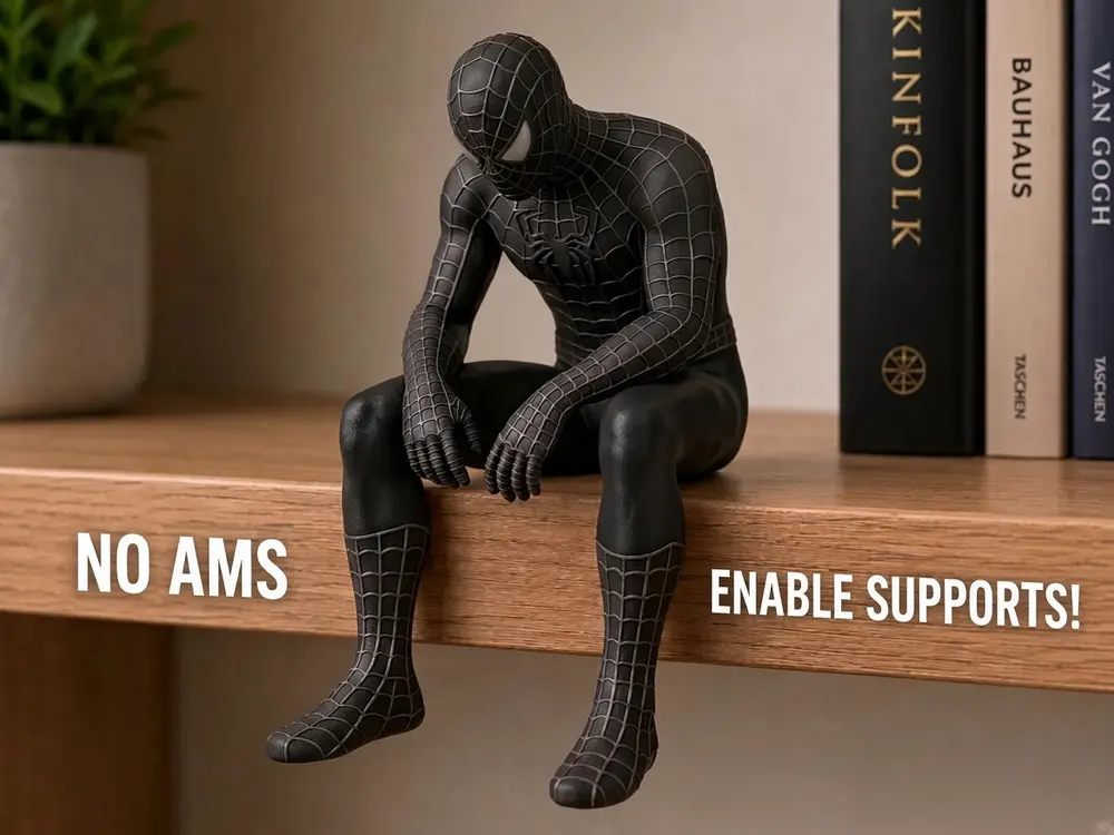 Sad Black Spider-Man Figure on a Shelf by Pablo Sánchez